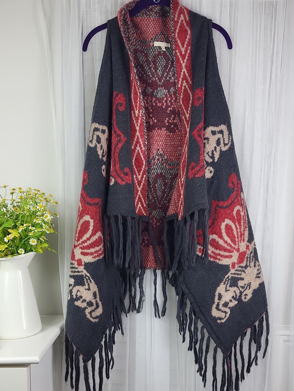 Morning Apple Knit Poncho with Floral‎ Pattern - Charcoal & Red. Size M/L